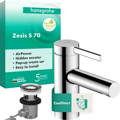 Produktbild von hansgrohe Waschtischmischer 70, Zesis S, CoolStart, mit Zugstangen-Ablaufgarnitur, Chrom, 1 Stk.