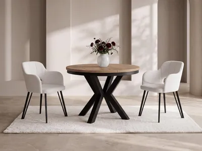 Produktbild von Runder Ausziehbarer Esstisch im Loft-Stil - Industrieller Tisch mit Schwarzen Metallbeinen - Platzsparender Tisch für Wohnzimmer - Eiche Hellbraun - 100 bis 180 cm