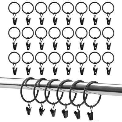 Produktbild von 25 Metall-Gardinenringe mit Clips, 32 mm Innendurchmesser, Gardinenhaken für Ringe, schwarze Gardinenringe mit Clips für Gardinenstangen, Fenster, Türen, Duschvorhänge und Wäscheleinen.