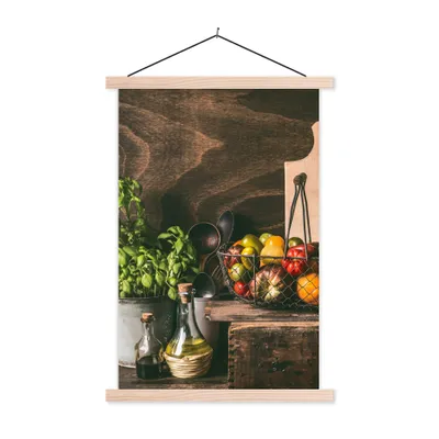 Produktbild von MuchoWow® Textilposter Gemüse - Kräuter - Rustikal - Stilleben - Basilikum 120x180 cm mit holzfarbenen Rahmen - Textil-Plakat