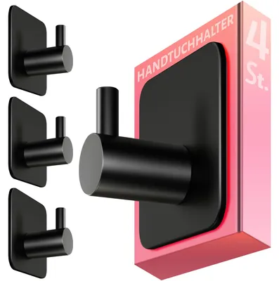 Produktbild von Selbstklebende Haken | 4er-Set selbstklebende Wandhaken | Rostfreie Haken aus Edelstahl 304 | Badhaken | Handtuchhalter in Mattschwarz | Handtuchhaken für Bad und Küche