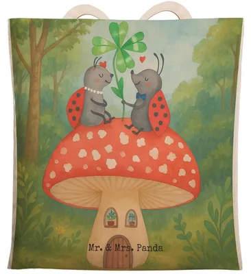 Produktbild von Mr. & Mrs. Panda Einkaufstasche Marienkäfer Fliegenpilz Design - Weiß - Geschenk, Tote Bag, Beuteltasche, Zuhause, Fleigenpilzhaus, Haus, Tragetasche, Beutel, Tasche