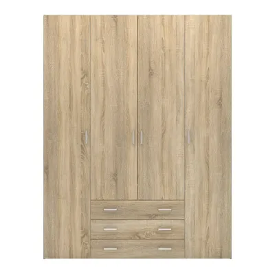 A front view of a wooden wardrobe with four doors and three drawers.