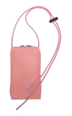 A pink phone bag with a strap is shown against a white background.