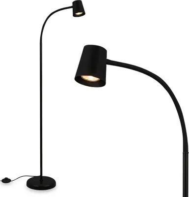 A black floor lamp with a flexible head is shown against a white background. A close-up of the lamp head is also visible.