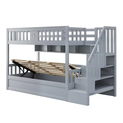 Produktbild von Merax Etagenbett Hochbett 90x200 cm mit hydraulischem Unterbett, Kinderbett mit Stauraumtreppe, Regalfächer, Jugendbett mit Sicherheitsgeländer, Grau