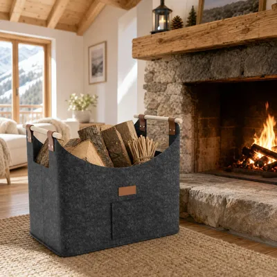 Image de UISEBRT : Panier en feutre pour bois de chauffage, avec poignées en bois, panier de rangement pliable, sac en bois, sac pour bois de cheminée, capacité de 40 kg, lot de 2, couleur gris clair