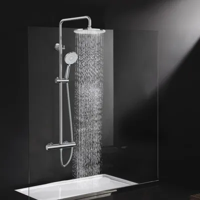 Produktbild von Duschsystem mit Thermostat und Regendusche - Komplettset mit rundem Duschkopf und 3 Strahlarten