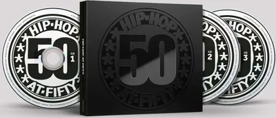 A black CD box set with three CDs, featuring the text 'HIP-HOP 50 AT FIFTY'.