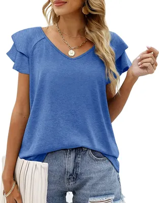 Produktbild von ASKSA Damen T-Shirt Kurzarm V-Ausschnitt Rüsche Sommer Basic Oberteil Casual Loose Tunika Tops, Blau, XL