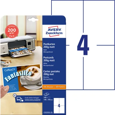 Produktbild von Avery Zweckform C32252-25, Bedruckbare Karten, 148 x 105 mm, beidseitig beschichtet, 100 Karten / 25 Blatt
