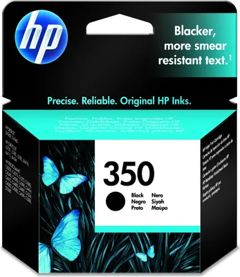 The image shows the packaging of an HP 350 Black Original Ink Cartridge, featuring butterflies and grass.