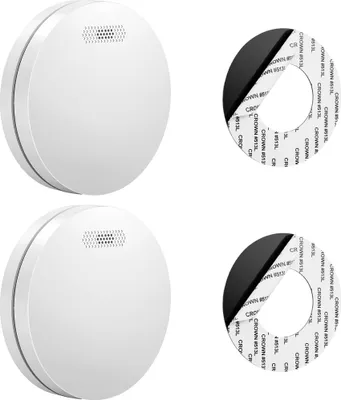 Two white smoke detectors and two adhesive mounting pads are shown against a white background.