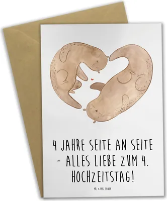 Produktbild von Mr. & Mrs. Panda Grußkarte 4. Hochzeitstag Seidenhochzeit - Weiß - Geschenk, einladungskarten, Grußkarten, osterkarten, weihnachtskarten, Liebesjubiläum, Heiraten, Liebe