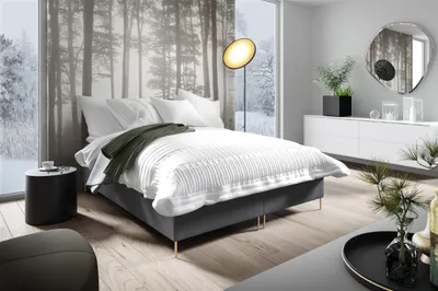 Produktbild von GUTTO Boxspringbett MACH 140 x 200cm ohne Kopfteil 2x Bettkasten TOPPER 5cm Gratis Grau Velour hohe goldene Beine
