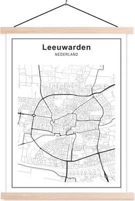 Produktbild von MuchoWow® Textilposter Stadtplan - Leeuwarden - Schwarz und weiß 40x53 cm mit holzfarbenen Rahmen - Schlafzimmer