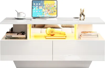 Produktbild von Hochglanz-Couchtisch Mit LED-Beleuchtung Und 2 Schubladen Stilvoller 90x55x41 Cm Beistelltisch Mit Stauraum