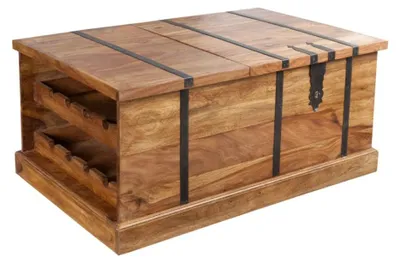 Image de Table basse coffre TRESORO 100 cm en bois de Sheesham massif avec rangements pour bouteilles