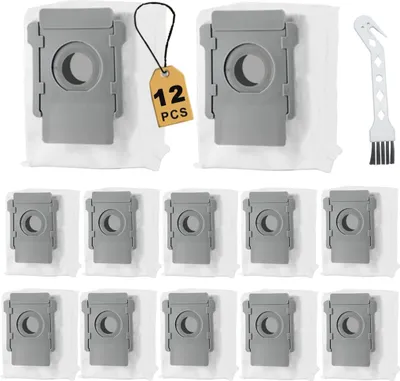 A collection of vacuum cleaner dust bags and a small cleaning brush, arranged on a white background.