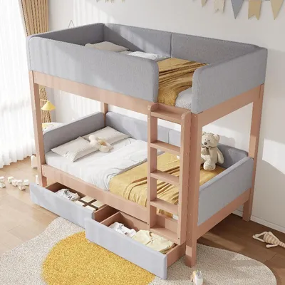 Image de Lit superposé 90x200 cm, gris et naturel, en bois d'hévéa, avec tiroirs en MDF et une échelle droite, idéal pour une chambre d'enfant