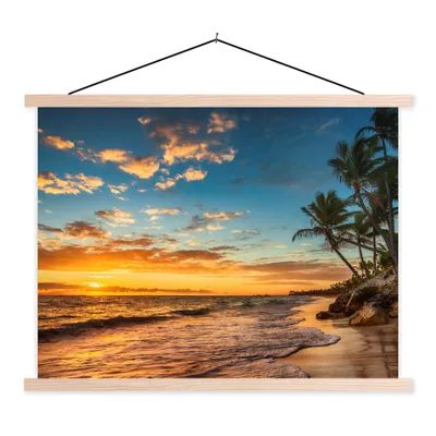 Produktbild von MuchoWow® Textilposter Strand - Sonnenuntergang - Meer - Palme 40x30 cm mit holzfarbenen Rahmen - Bilder