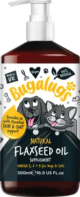 Zdjęcie produktu dla Bugalugs olej lniany 100% roślinny olej uzupełniający omega dla psów i kotów 500 ml