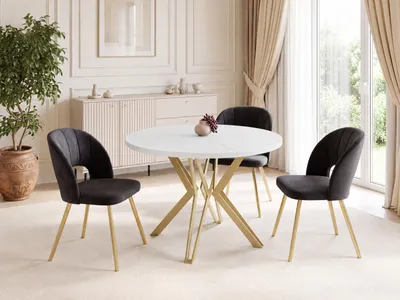 Obrázok produktu pre Okrúhly jedálenský stôl - priemer 100 alebo 120 cm - rozťahovací stôl s kovovými nohami so zlatou práškovou farbou - industriálny štýl - 100 cm - biely