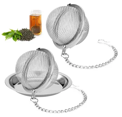 Teefilter 2er-Set, Edelstahl, feinmaschig, 4,5 cm, mit Kette und Abtropfschale