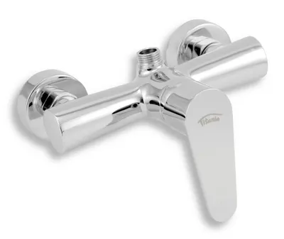 A chrome shower faucet with a lever handle, mounted on a white background.