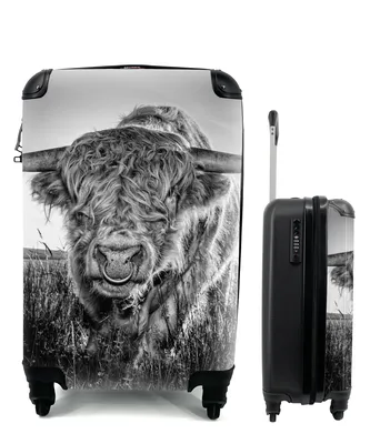 Produktbild von MuchoWow® Koffer Handgepäck Trolley Rollkoffer Kleine Reisekoffer mit 4 Rollen - Schottischer Highlander - Schwarz und Weiß - Cabin Size < 55x40x23 cm & 55x40x20 cm - Fotokoffer - Kabinenkoffer - Boardgepäck - Reise-Box - Reisekoffer - Reisegepäck - Koffer mit Bild - Trolley für Kinder