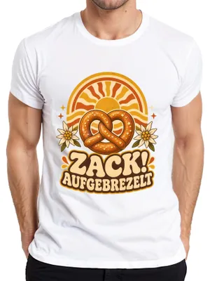 Zdjęcie produktu dla Zack! Koszulka z nadrukiem "Brezel Edelweiß", bawarska odzież tradycyjna, spodnie skórzane męskie, T-shirt, biały, rozmiar 3XL
