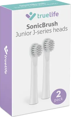 A product box for TrueLife SonicBrush Junior J-series heads, showing two toothbrush heads.
