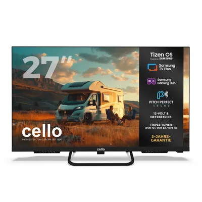 Produktbild von Cello 27″ Smart Camping LED TV mit Tizen OS by Samsung, Triple Tuner, Pitch Perfect Sound, 12V/24V/230V Multispannung, ideal für Wohnmobil & Wohnwagen
