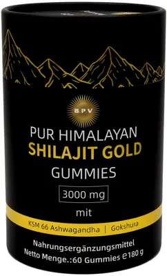 Obrázek produktu pro BPV Pure Himalayan Shilajit Gold Gummies 3000 mg - s ashwagandhou, zázvorem, černým musli, tribulusem, ženšenem a akarkarou.