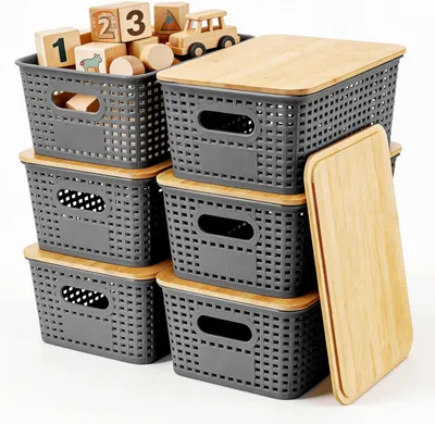 Obrázok produktu pre Úložné boxy s bambusovým vrchnékom 5 l, plastové úložné koše 25,7 x 18 x 10,6 cm, sivá, pre kuchyňu