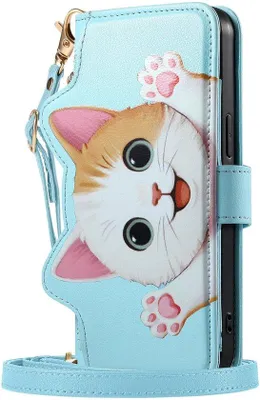 Productafbeelding van Beschermhoes voor telefoon met portefeuille en schouderriem - Blauw