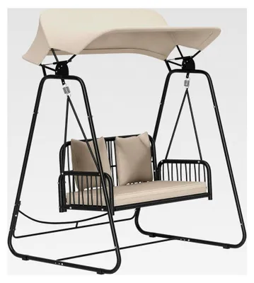 Produktbild von Rattan Hollywoodschaukel 2-Sitzer mit verstellbarem Sonnendach und Kissen, belastbar bis 240 kg, Hängeschaukel für Garten und Balkon, 149 x 121 x 180 cm, Khaki