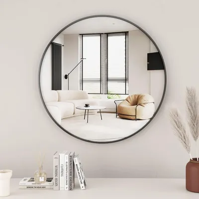 Produktbild von Koonmi 50 cm großer Spiegel Rund Schwarz, Runder Spiegel Wandspiegel mit Rahmen aus Aluminiumlegierung für Badezimmer