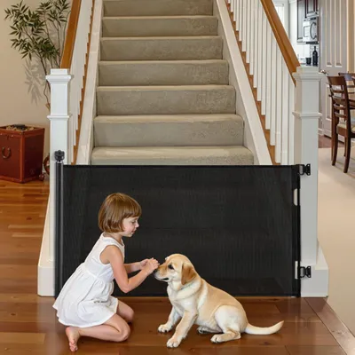 Produktbild von Treppenschutzgitter - Einziehbares Babygitter & Hundegitter - Ausziehbar bis 185 cm Breite - Höhe 79,5 cm - Mit Sicherheitsschloss - Netzgewebe - Für Treppen & Türen - Schwarz