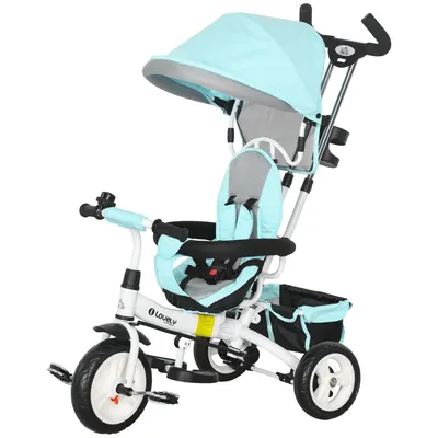 Produktbild von 6-in-1 Kinderdreirad(Grün)mit Schiebestange, Dach, Gurt, Ablagekorb, für 1-5 Jahre