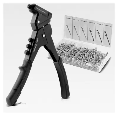 Produktbild von Blindnietzangen-Set mit 500 Blindnieten – 360° drehbare Blindnietzange mit 4 Wechsel-Aufsätzen, Popnietzange/Hebelnietzange/Nietmutternzange, präzises Arbeiten in Metall und Kunststoff