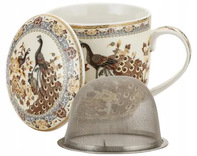 Produktbild von Keramikbecher mit Teesieb „Großer Pfau“, braun, Porzellan, 320 ml