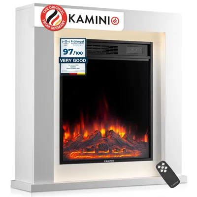 Zdjęcie produktu dla KAMINIO Kominek elektryczny MATTI – elektryczny kominek stojący z ogrzewaniem, efektem płomienia 3D, nastrojowym oświetleniem LED, pilotem – 32 cale, biały