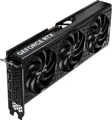 A black graphics card with three fans is shown against a white background.