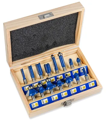 Imagen del producto de Conjunto de fresas para madera S&R, con 15 fresas de carburo HM, fresas para fresadora de 8 mm de vástago, estuche de madera, acero para herramientas forjado, insertos de carburo HM, fresas para fresadora en un robusto estuche de madera
