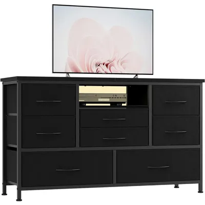 Produktbild von LED-TV-Lowboard - Medienmöbel - 8 Schubladen - EU-Steckdosen - USB-Ladestation - Holz mit Metallrahmen - Schwarz