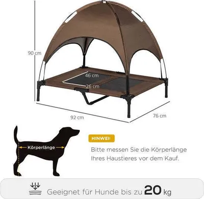 A diagram showing the dimensions of a dog bed with a canopy, along with a silhouette of a dog indicating how to measure its length and a weight limit.