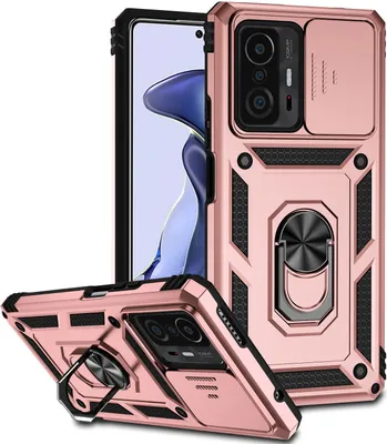 Image de Etui pour Xiaomi 11T / 11T Pro étui double couche avec cache-appareil photo coulissant et anneau de support Rose