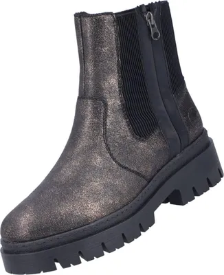 Das Bild zeigt einen bronzefarbenen Stiefel der seitlich abgebildet ist. Die Oberfläche des Stiefels glänzt und weist ein auffälliges Design auf.