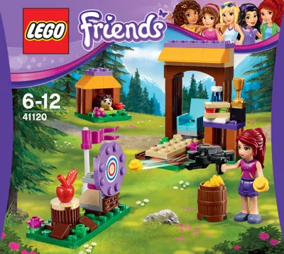 A LEGO Friends playset depicting an outdoor adventure camp scene with archery and a small cabin.